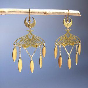 Crescent Moon & Firefly — long Gold Earrings